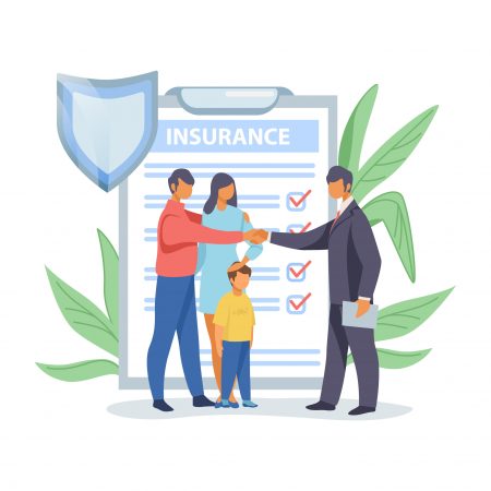 Father shaking hands with insurance agent. Health insurance flat vector illustration. Insurance concept for banner, website design or landing web page